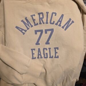 American Eagle Outfitters Cream Sweatshirt with Blue Logo